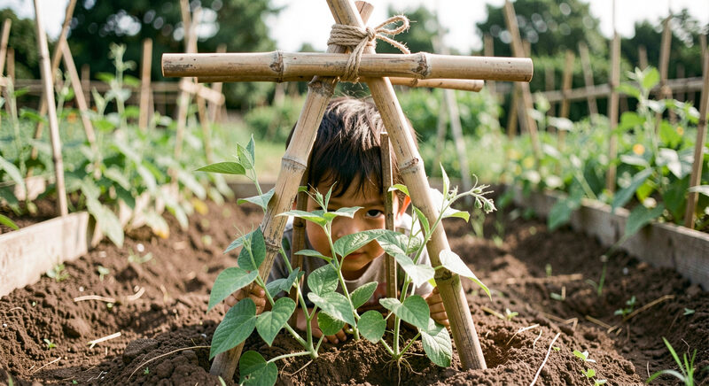 A bamboo pole frame tied at the top standing in a garden bed with young bean plants climbing the base, a child peering inside the opening.