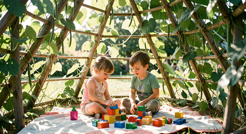 Two children playing inside a teepee of climbing bean vines, sitting on a blanket with toys, sunlight filtering through the leaves.