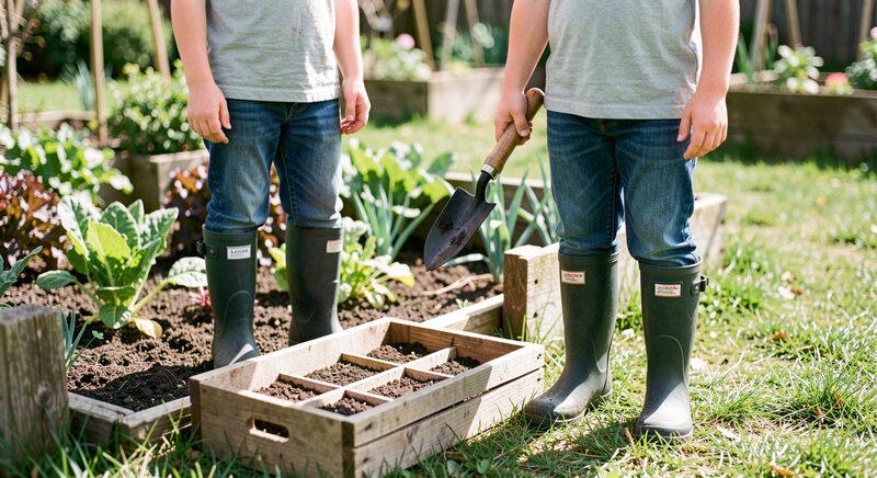 Two children in wellington boots standing at the edge of a small vegetable bed, one holding a trowel, a wooden seed tray on the grass in bright spring daylight.