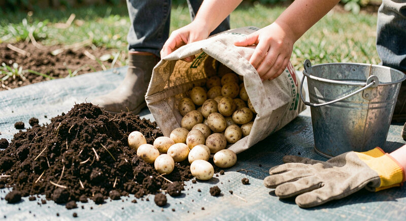 A child tipping a fabric grow bag onto a tarpaulin, pale new potatoes tumbling out among dark compost, garden gloves and a bucket beside.