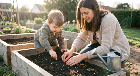 A parent and a young child kneeling at a raised timber planter, pressing seeds into dark soil with a watering can beside them in soft morning light.