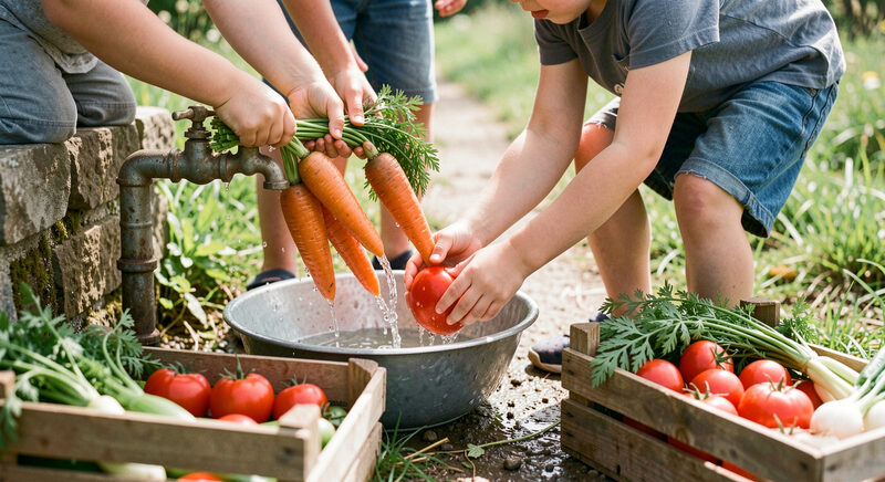 Children washing freshly picked carrots and tomatoes at an outdoor tap over a metal bowl, water splashing, a wooden crate of vegetables on the path.