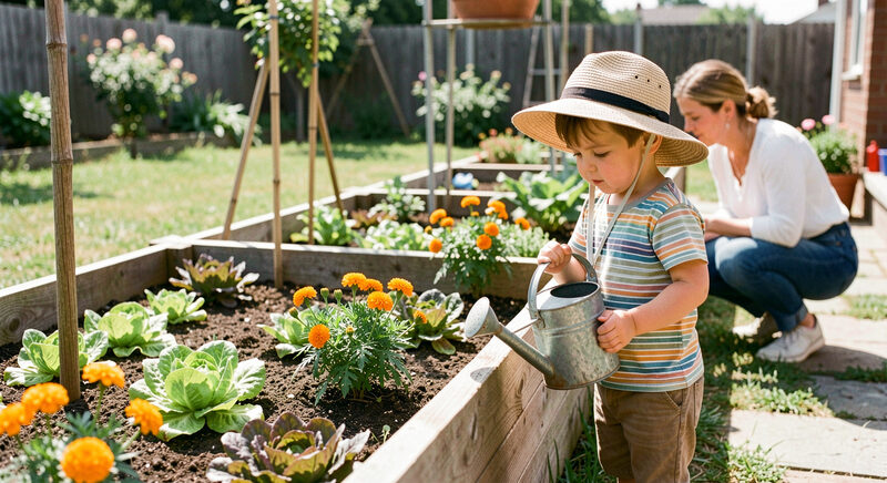 A child in a sun hat holding a small watering can beside a raised bed of lettuces and marigolds in a sunny family garden