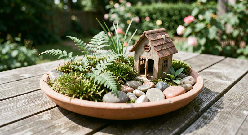 A shallow dish of moss, tiny ferns, pebbles and a small toy house arranged as a miniature garden on a wooden table outdoors.