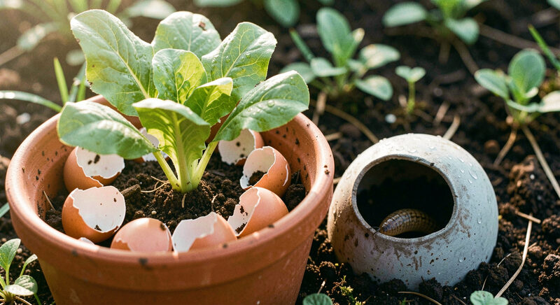 A lettuce seedling in a pot surrounded by crushed eggshell with a slug trap sunk into the soil beside it, damp morning light.