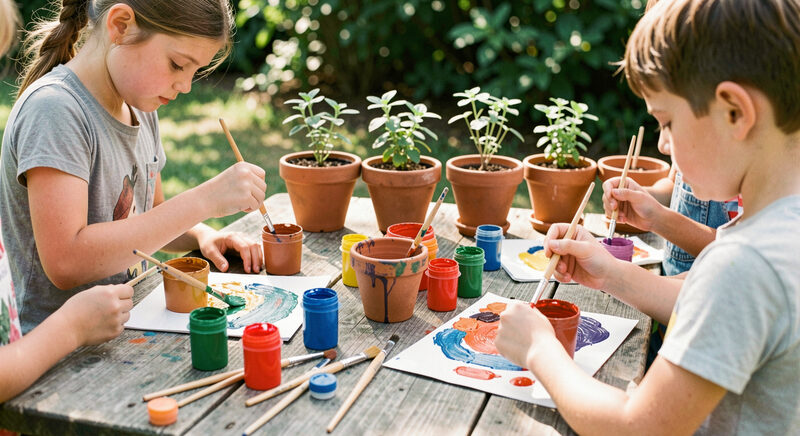 Children painting terracotta pots at an outdoor table, brushes and bright paint pots scattered, finished pots with small plants lined up behind.