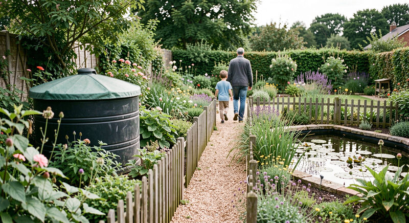 A garden with a covered water butt and a fenced pond edge, a child and an adult walking a gravel path between planted borders.