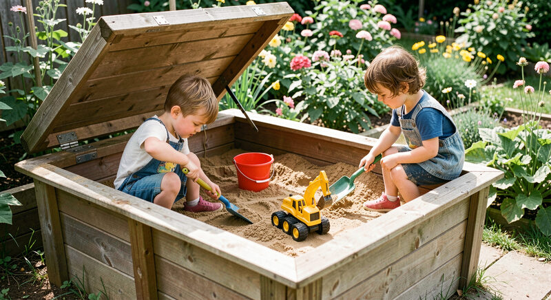 A wooden sandpit with a lifted lid in a garden corner, two children digging with spades, buckets and a toy digger on the sand.